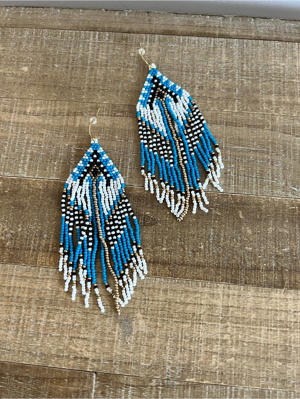 Blue White Beaded Fringe Tassel Earrings Boho Western Cowgirl - Picture 4 of 8